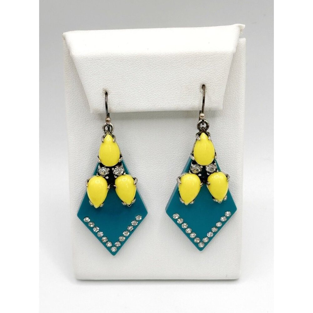 LULU FROST‎ J. CREW STATEMENT Earrings Teal Yellow Lucite Rhinestone Brass 2013